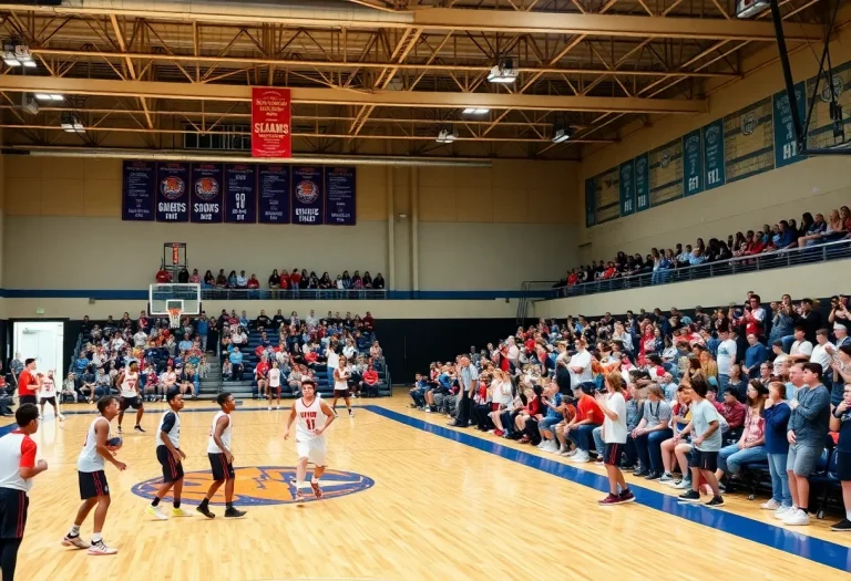 High school basketball game in Detroit with players and cheering crowd
