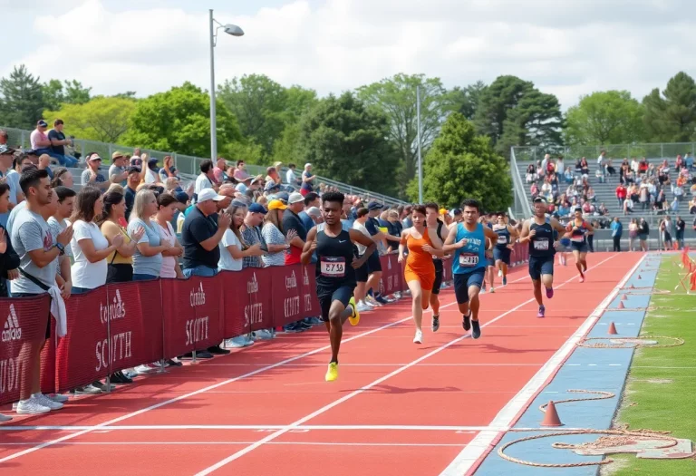 Distance runners competing at a track event with excited spectators.