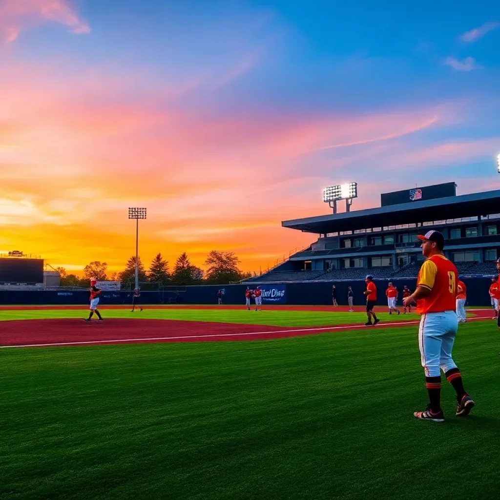 Baseball teams preparing for a match on a field at sunset