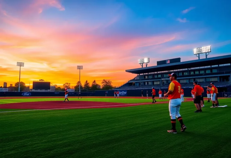 Baseball teams preparing for a match on a field at sunset