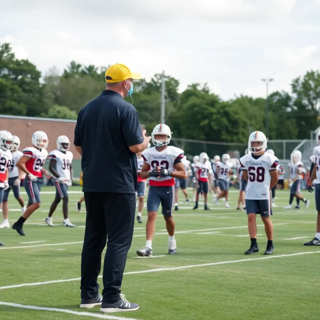 High school football players training under a coach's supervision