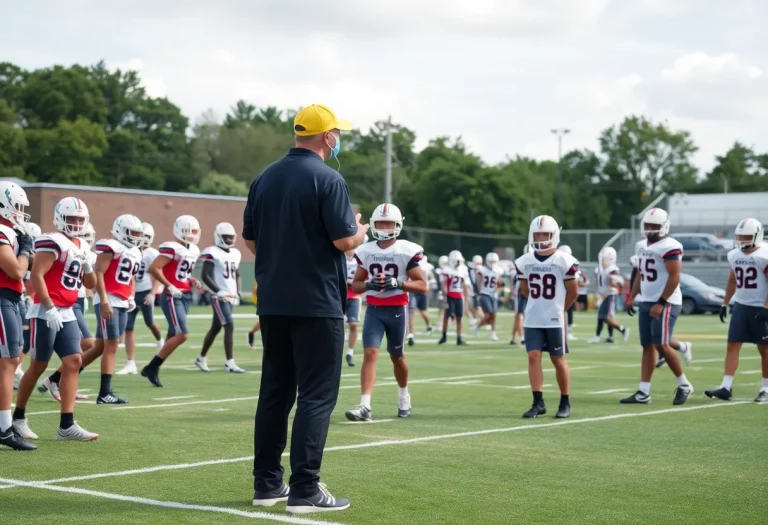 High school football players training under a coach's supervision