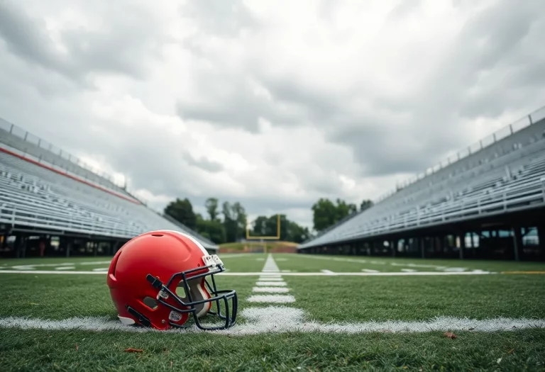 Empty high school football field with a helmet on the ground