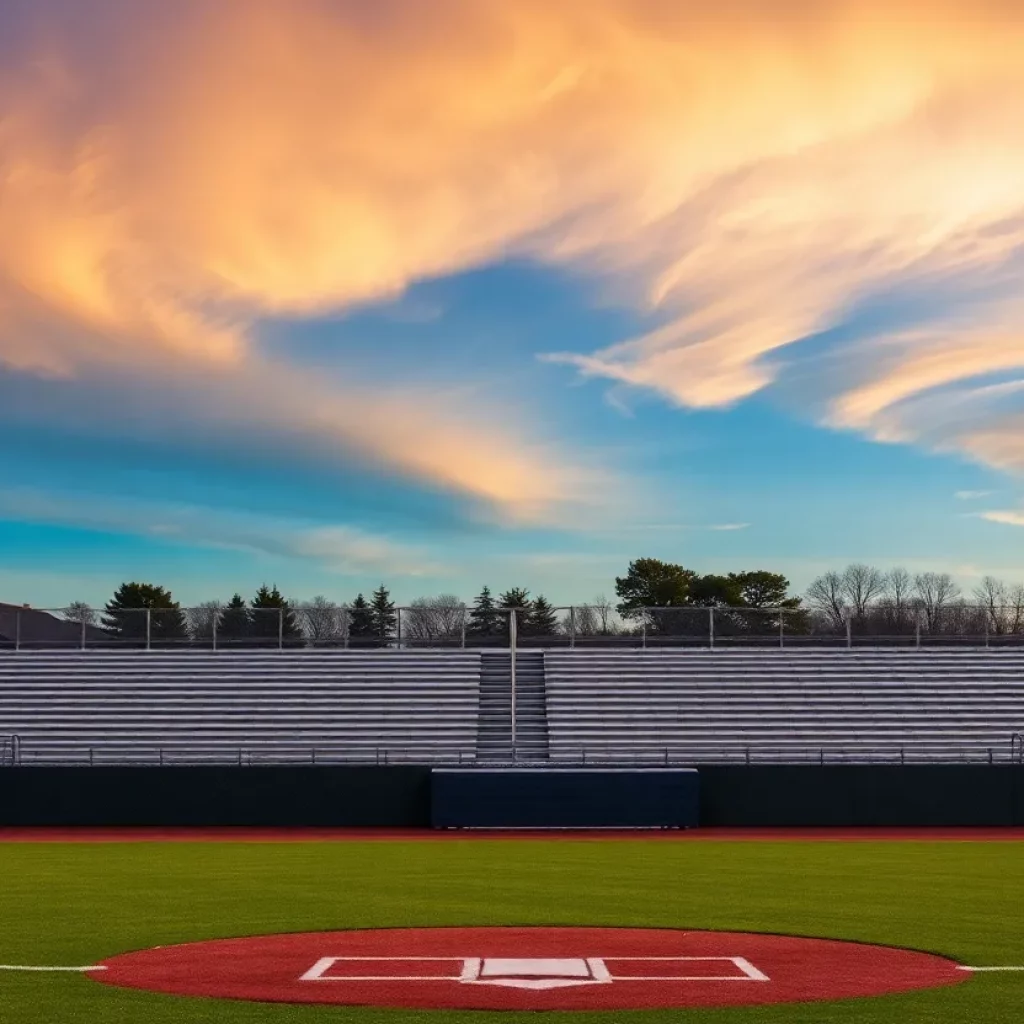 Empty baseball field at Segerstrom High School during sunset