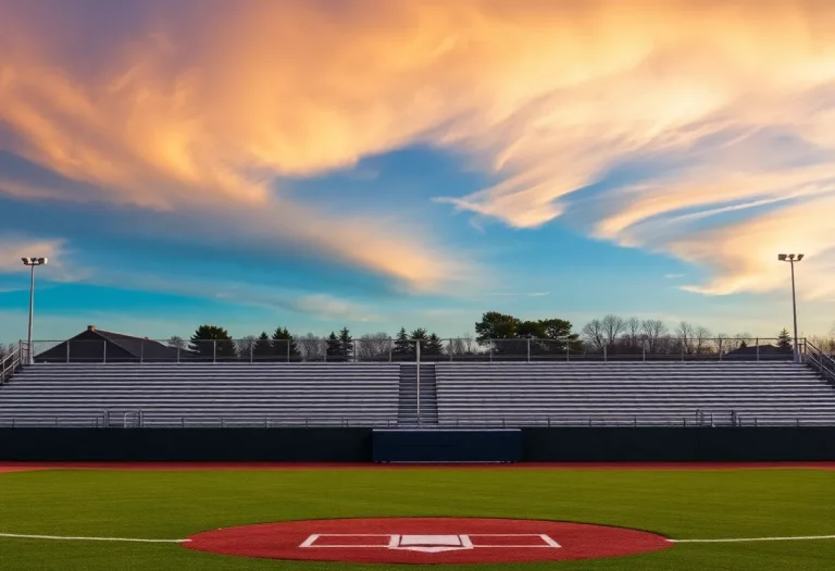 Empty baseball field at Segerstrom High School during sunset