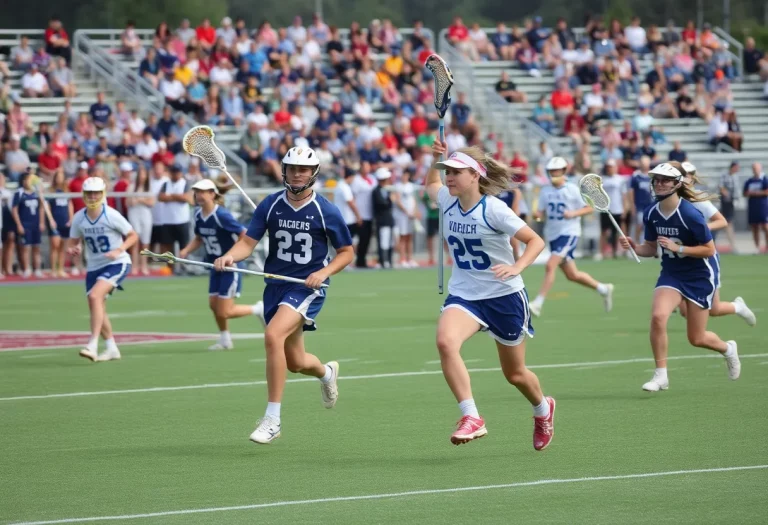 High school lacrosse match with ESD Eagles players celebrating a goal.