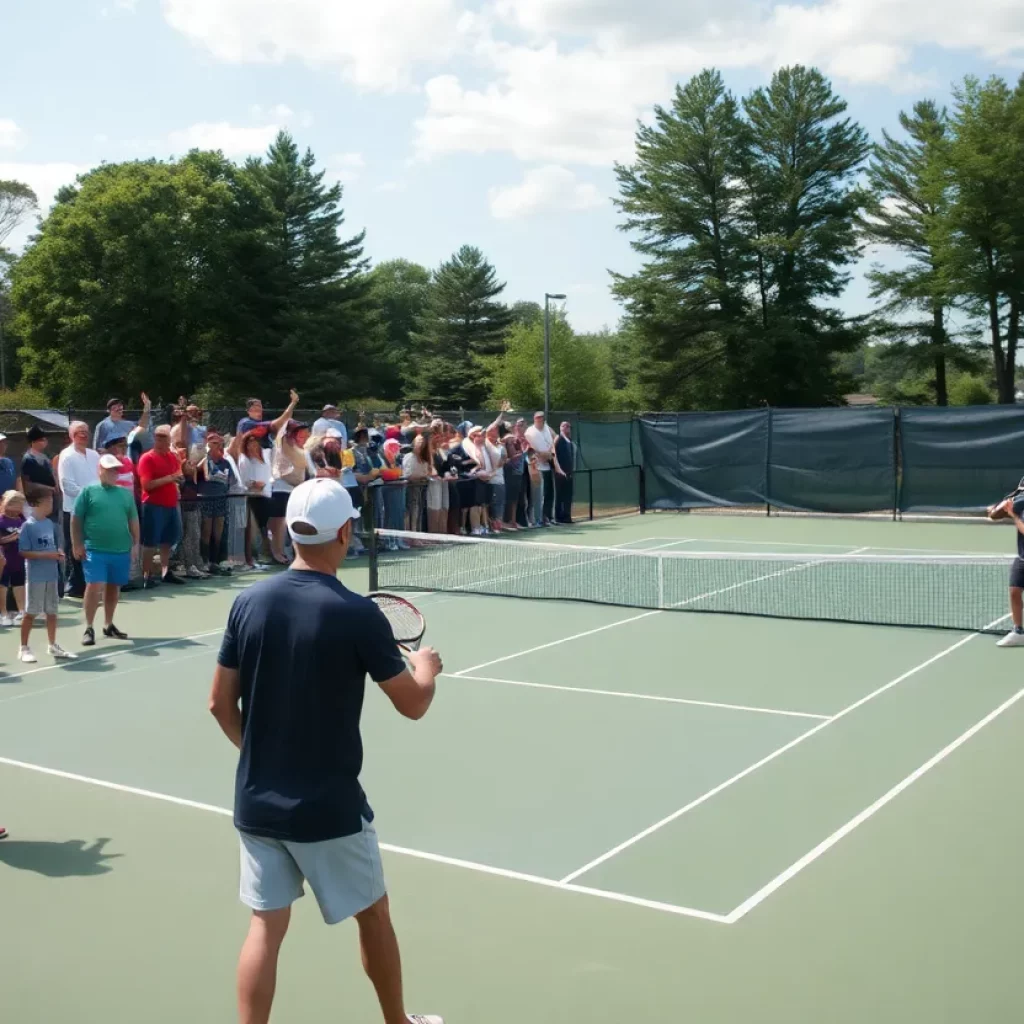 A busy tennis court in Fall River with players and fans