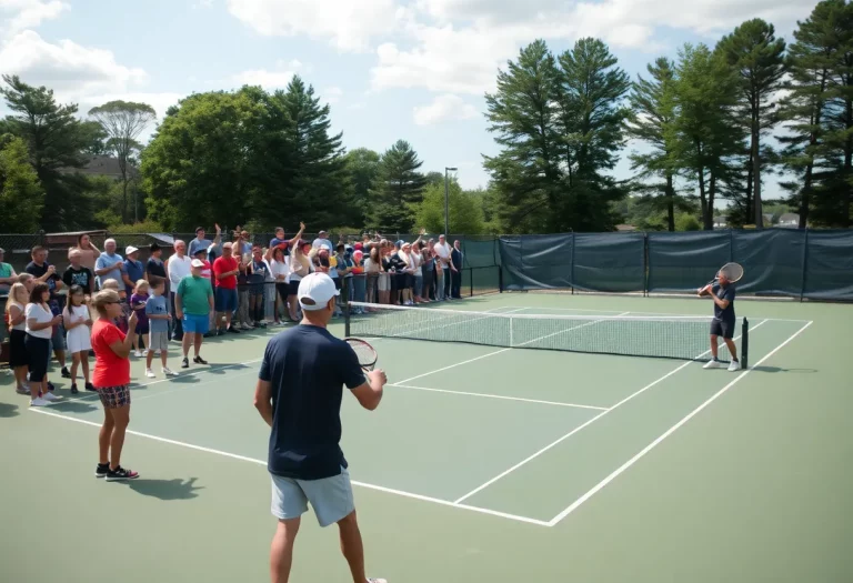 A busy tennis court in Fall River with players and fans