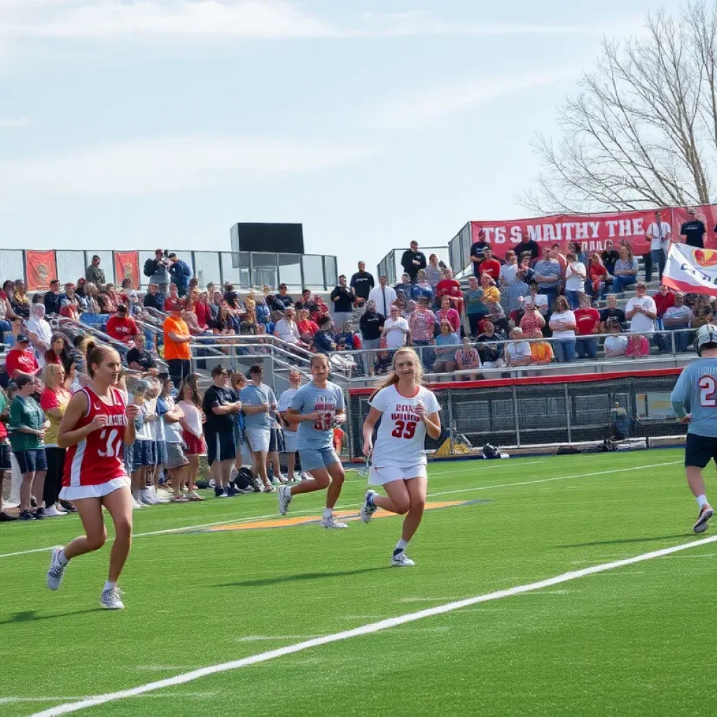 Lacrosse players in a game with fans cheering on the sidelines