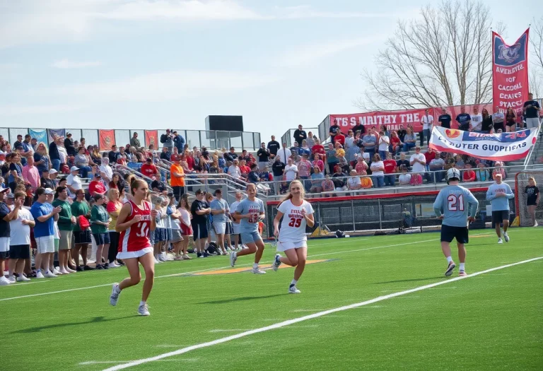 Lacrosse players in a game with fans cheering on the sidelines