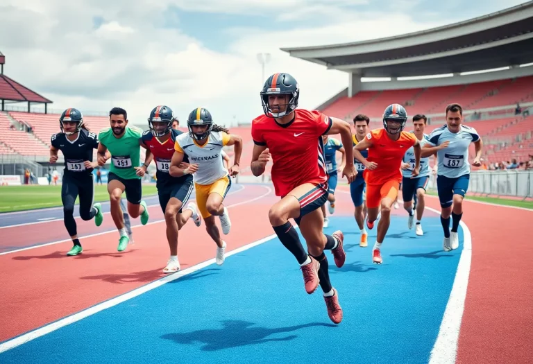 Group of athletic teenagers running on a track field showcasing speed.