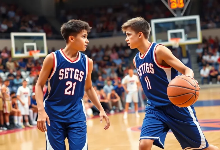 Two basketball players competing on the court