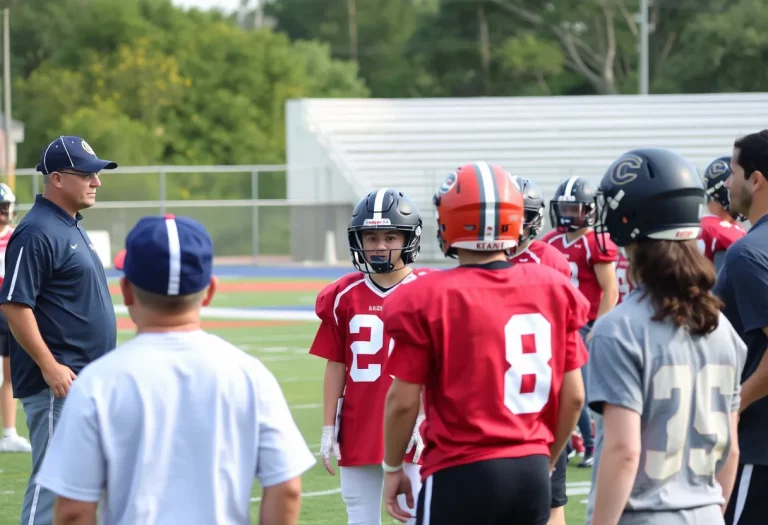 Florida high school coaches guiding young athletes during practice.