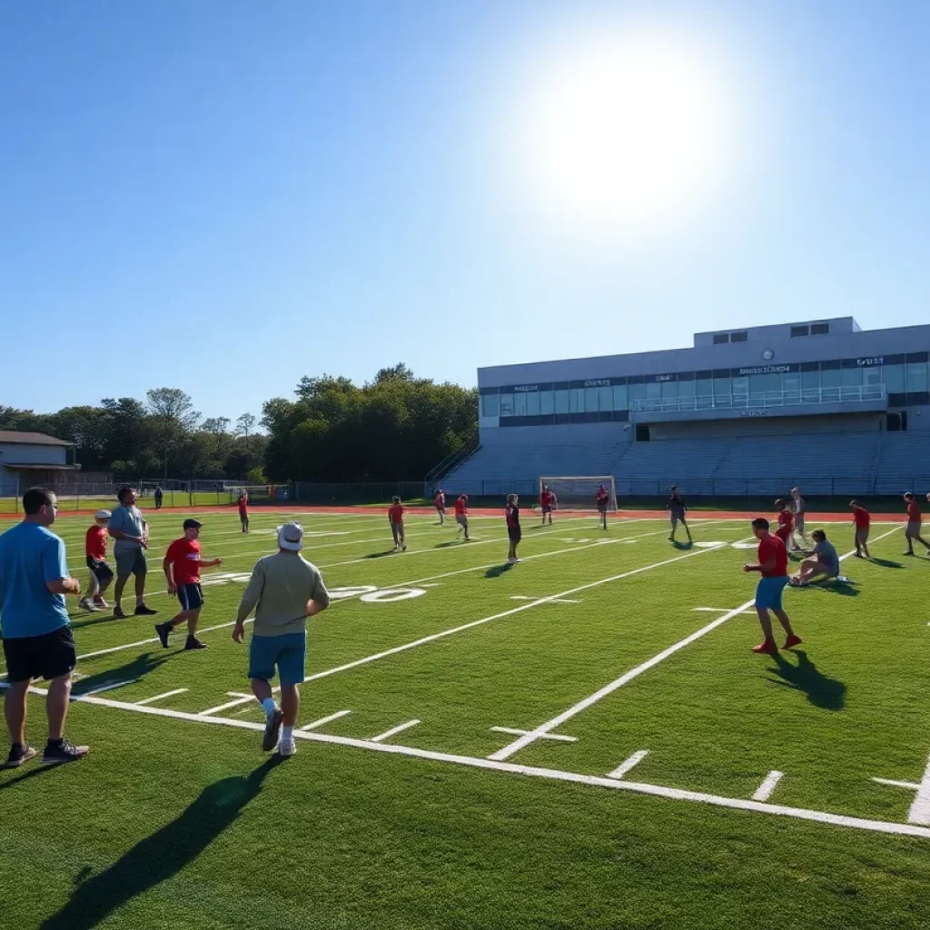 High school football players practicing on a sunny field in Florida