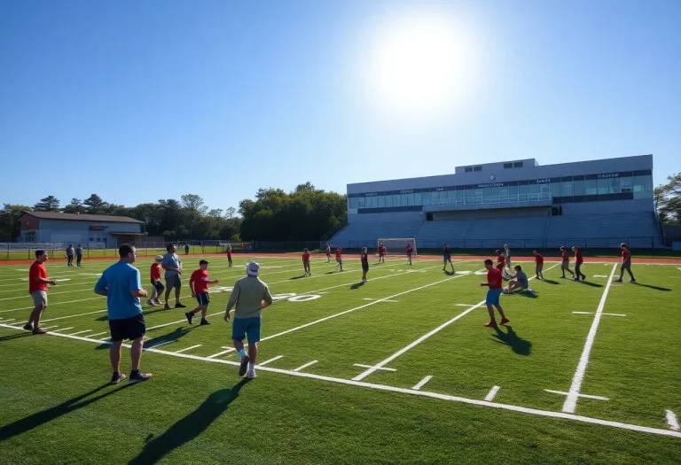 High school football players practicing on a sunny field in Florida