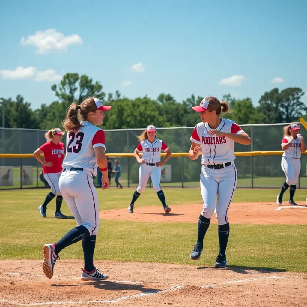High school softball teams practicing on a sunny field