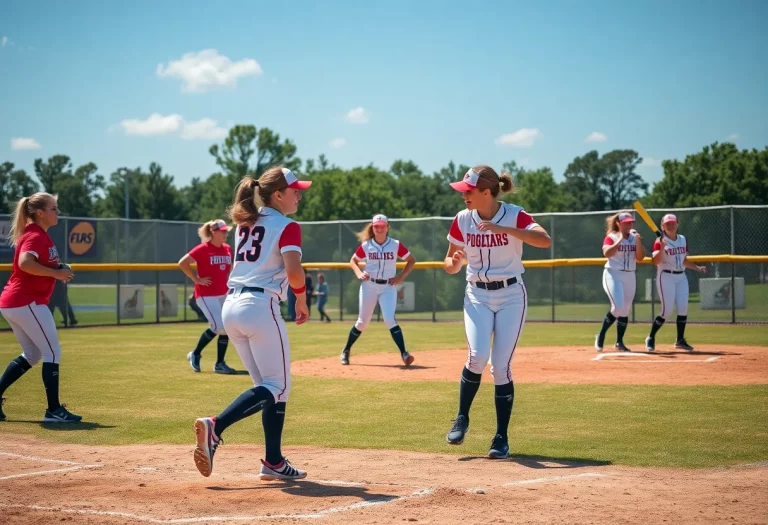 High school softball teams practicing on a sunny field