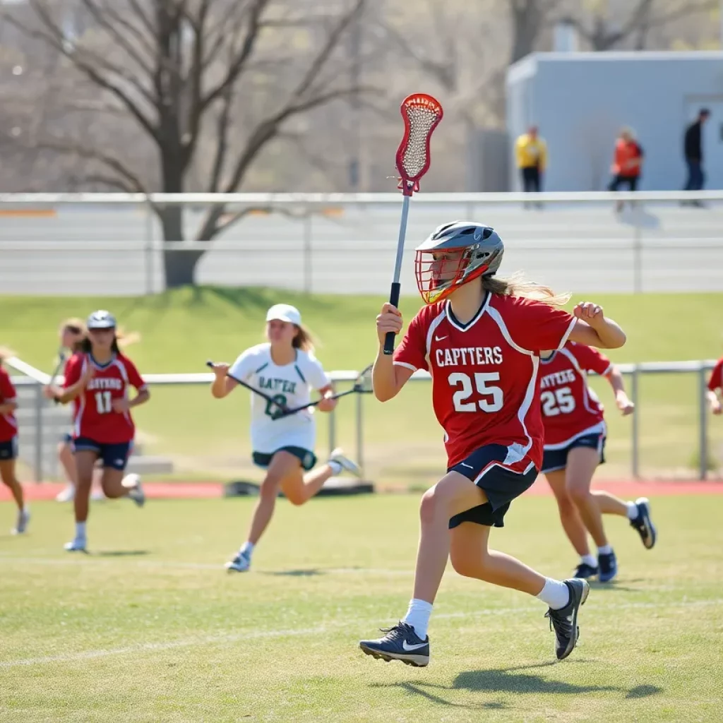 Students competing in a high school lacrosse match during the postseason.
