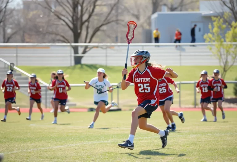 Students competing in a high school lacrosse match during the postseason.