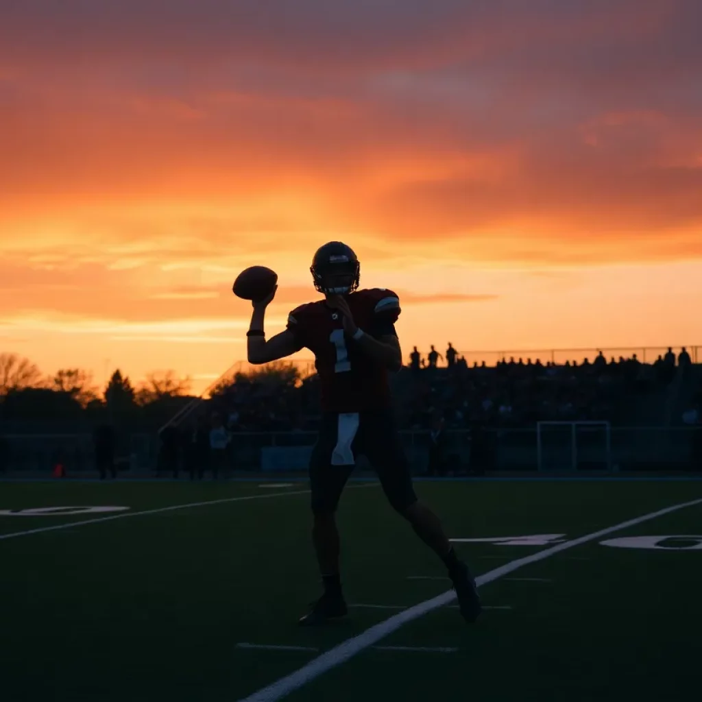 Silhouette of a quarterback practicing on a football field at sunset with a cheering crowd.