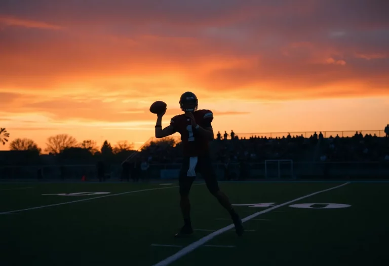 Silhouette of a quarterback practicing on a football field at sunset with a cheering crowd.
