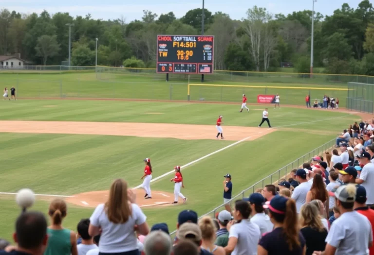High school softball game in progress