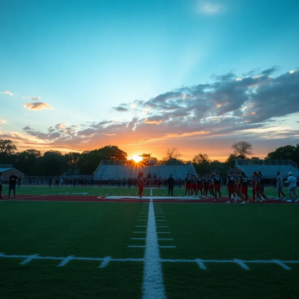 Wide view of Francis Howell football field during sunset