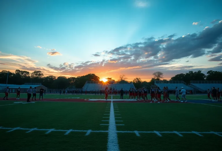 Wide view of Francis Howell football field during sunset
