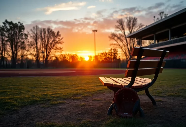 A scenic baseball field in Freehold, New Jersey at sunset