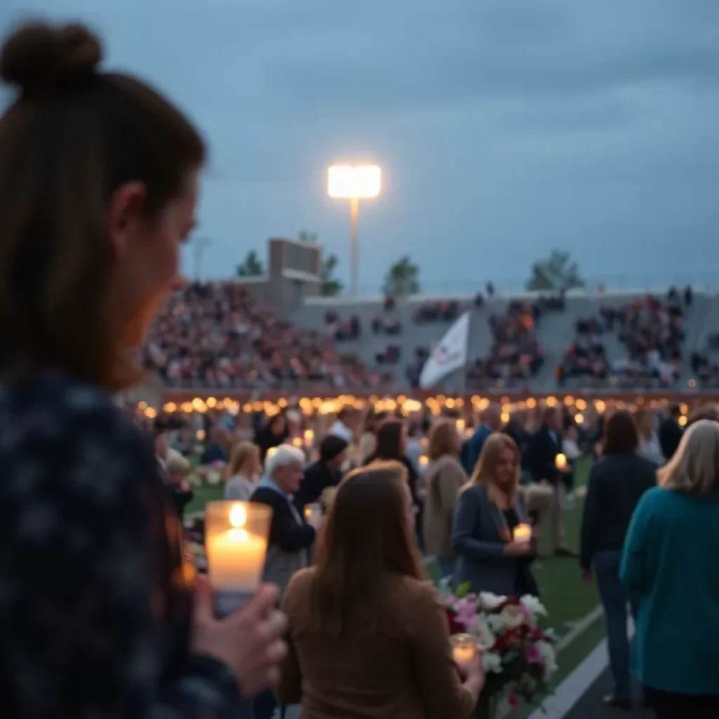 Community members gathered at a vigil for a local football star in a high school stadium.