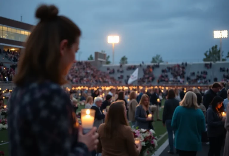 Community members gathered at a vigil for a local football star in a high school stadium.