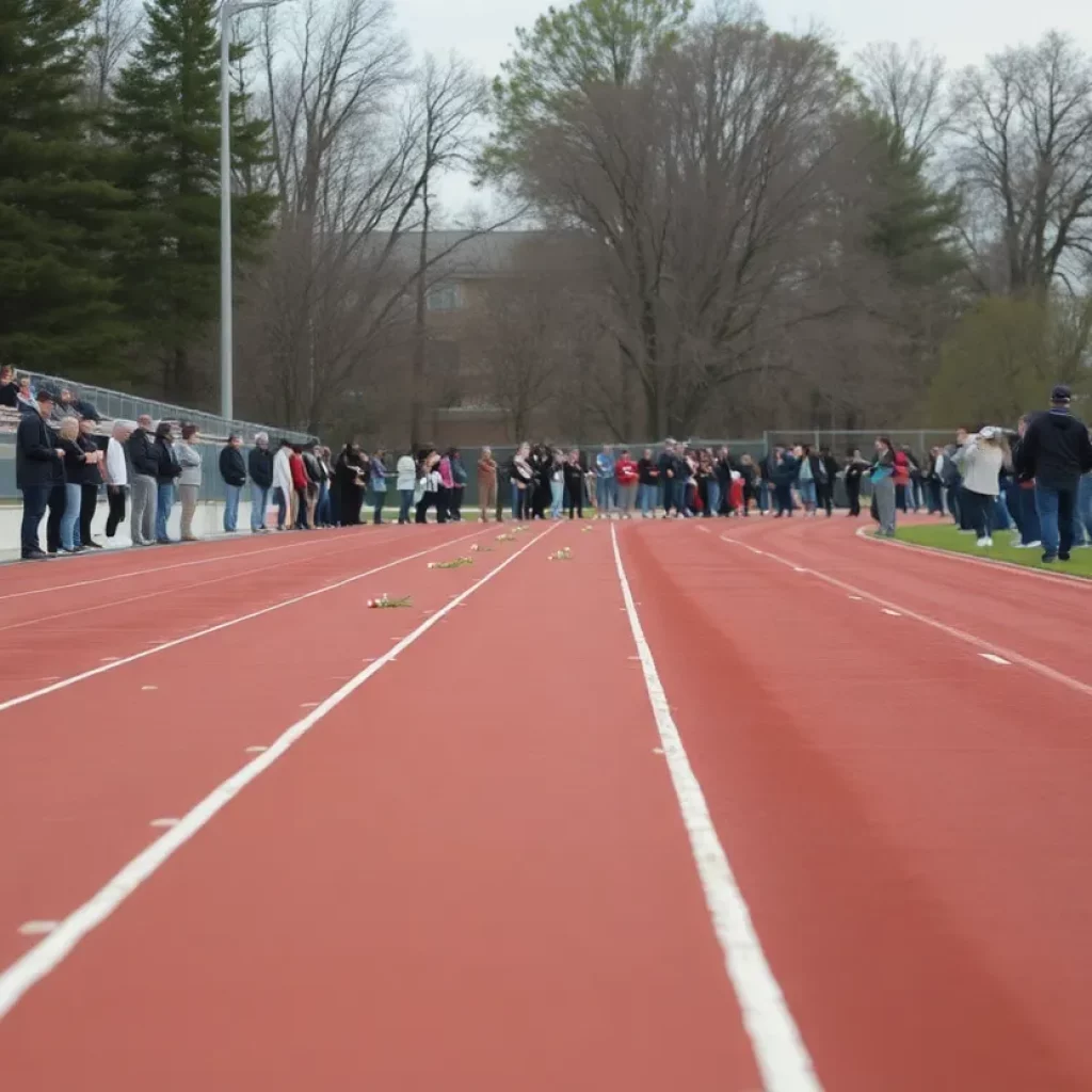 Memorial flowers on a track field at a high school