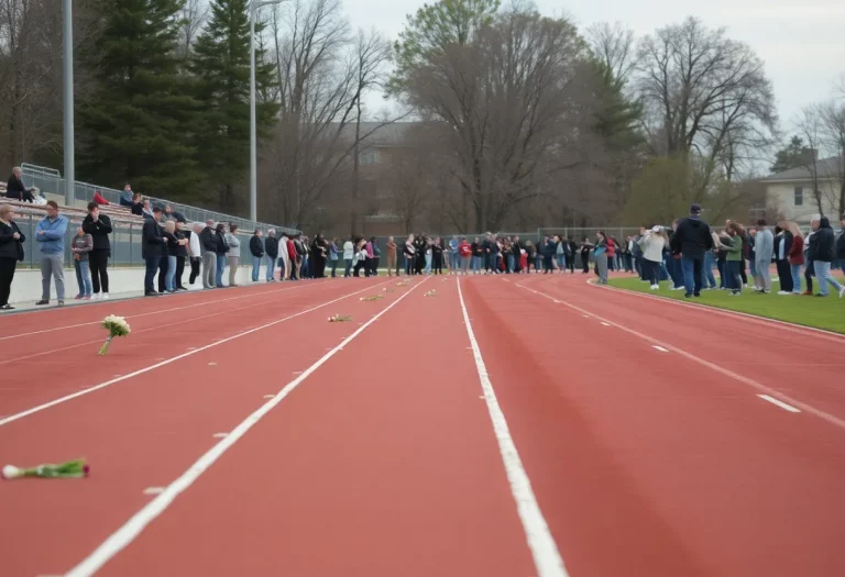 Memorial flowers on a track field at a high school