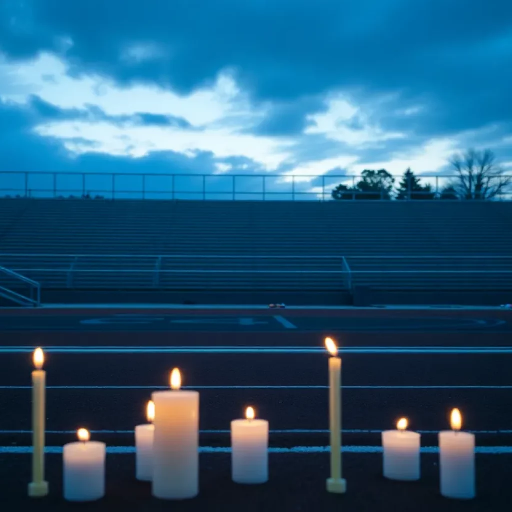 Candles and flowers at a memorial for a student at a high school track meet.