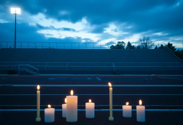 Candles and flowers at a memorial for a student at a high school track meet.