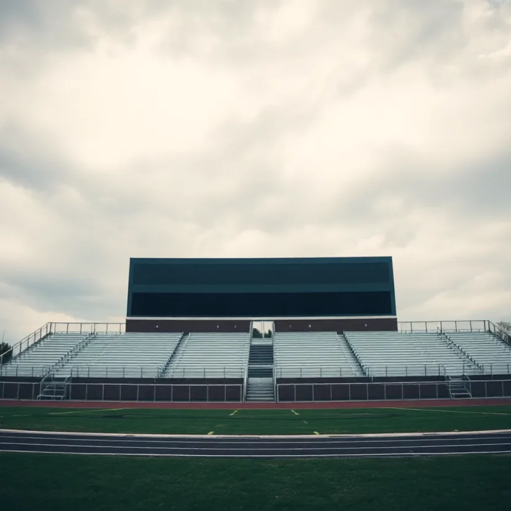 Empty high school track stadium reflecting a somber atmosphere