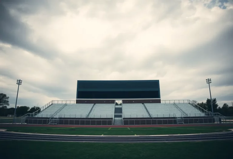 Empty high school track stadium reflecting a somber atmosphere