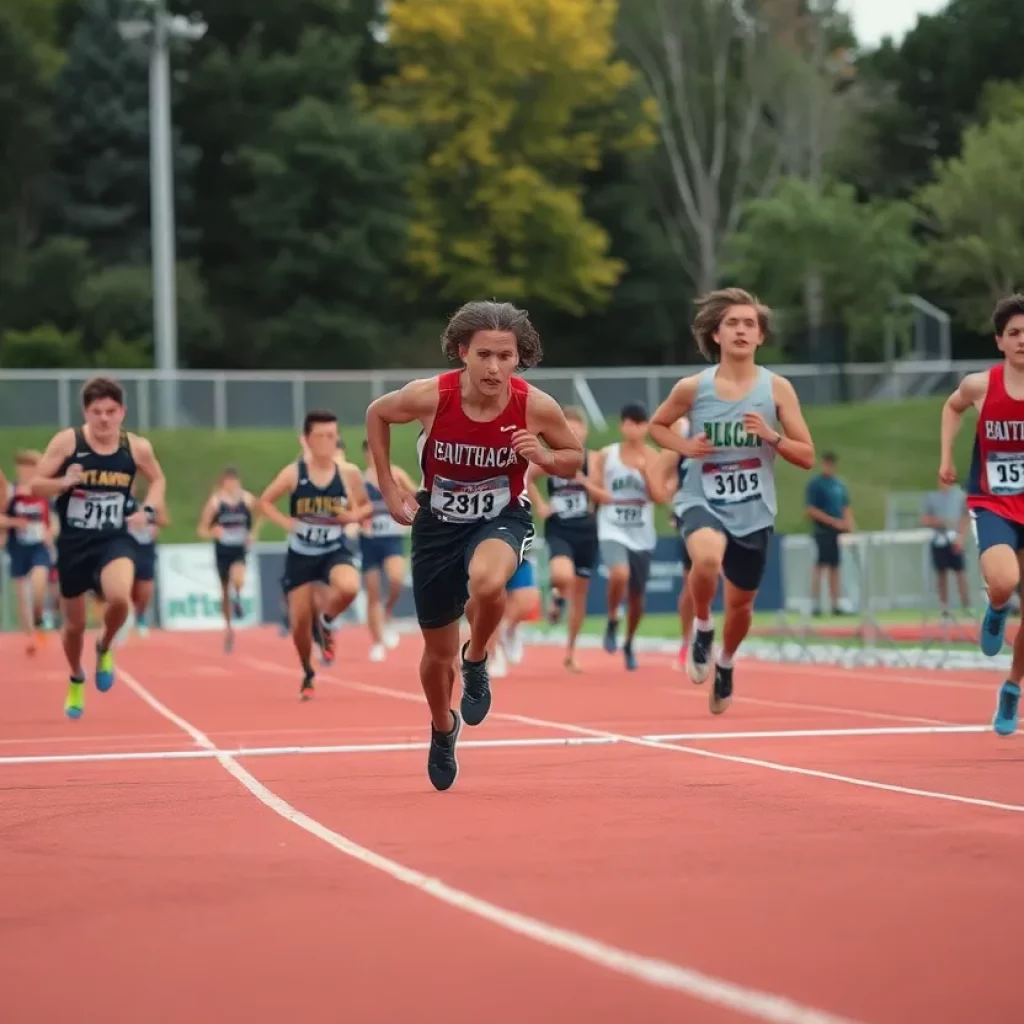 Dynamic scene of athletes competing in track and field events.