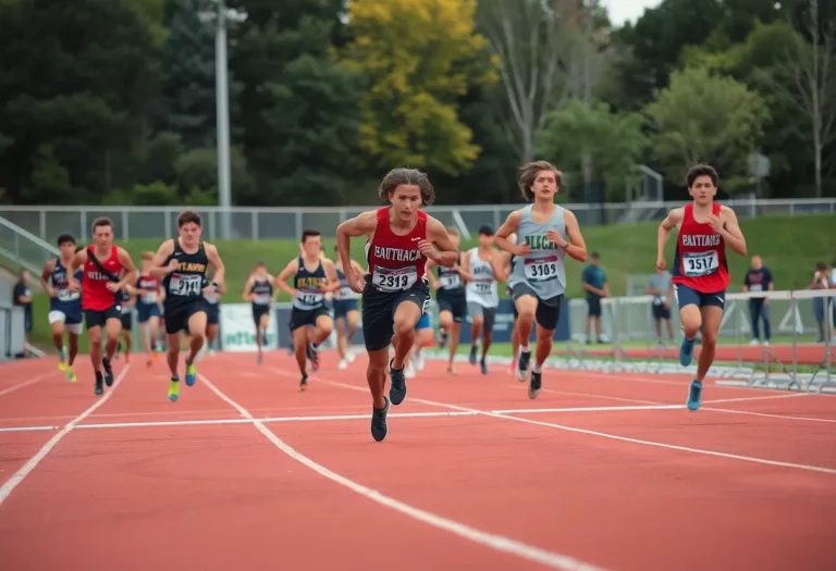 Dynamic scene of athletes competing in track and field events.