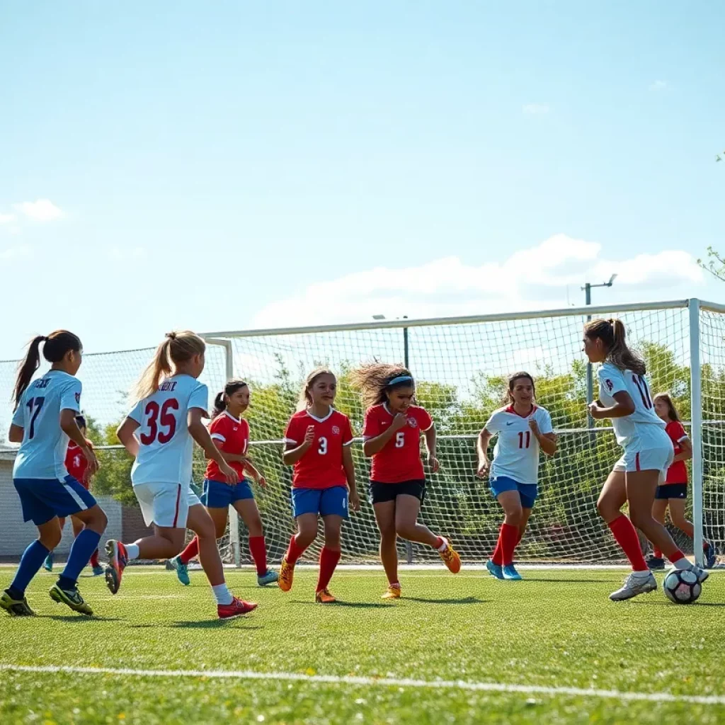 High school soccer players competing on the field