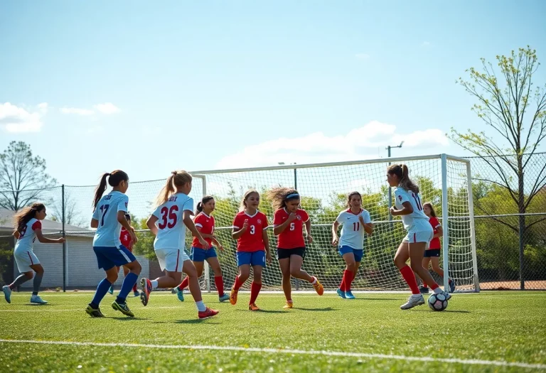 High school soccer players competing on the field