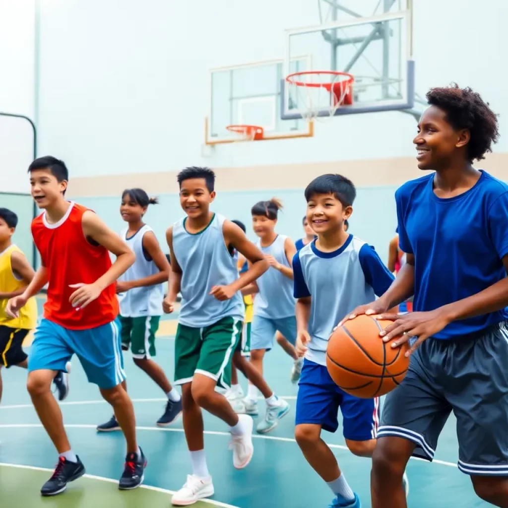 Diverse group of young basketball players on the court showcasing talent and teamwork