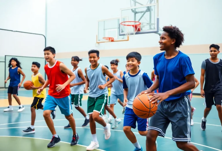 Diverse group of young basketball players on the court showcasing talent and teamwork