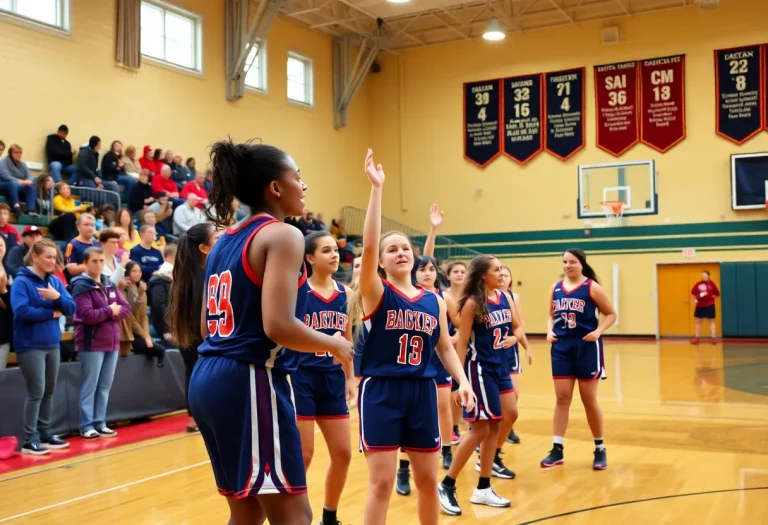 Excited crowd cheering in a high school basketball game