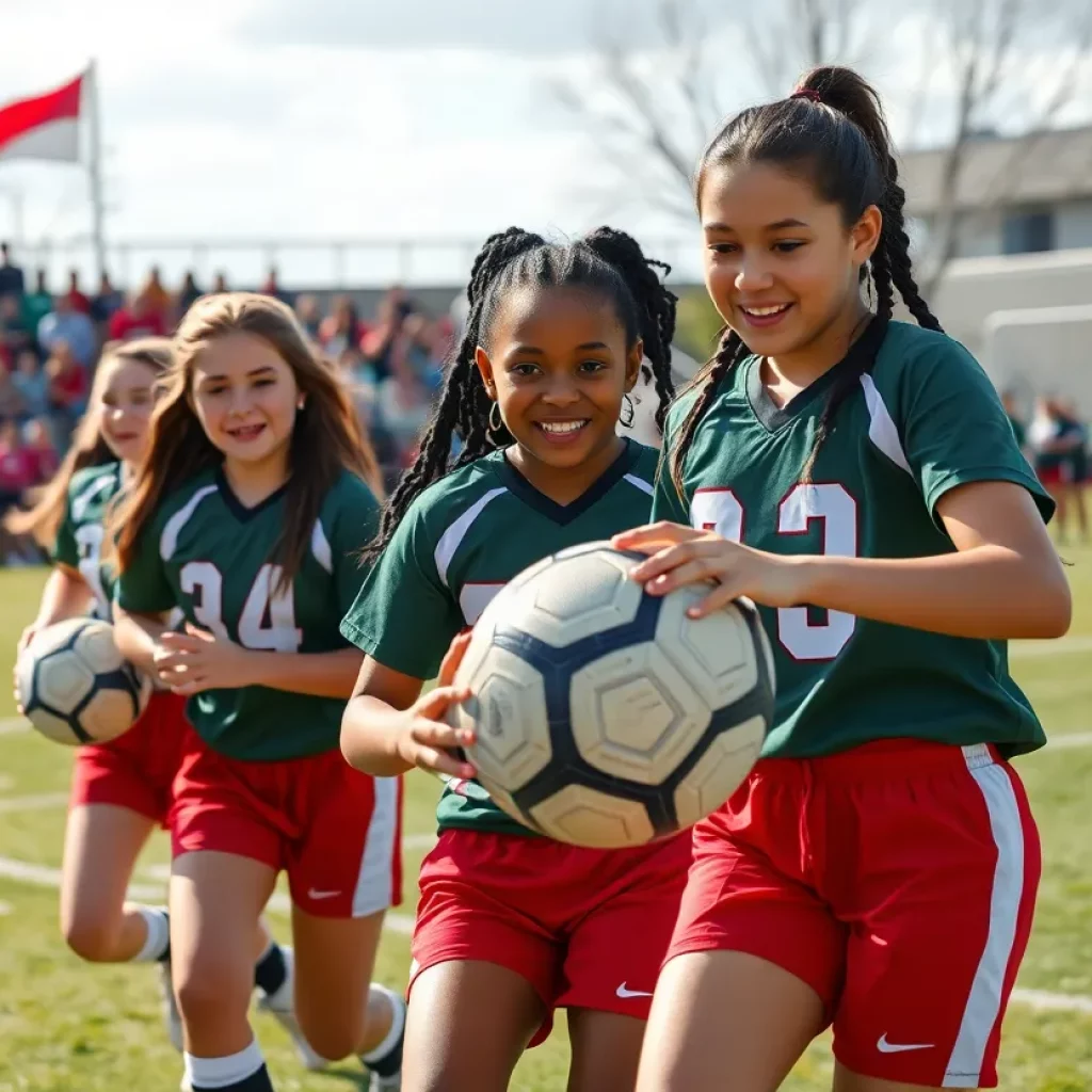 Female athletes playing flag football