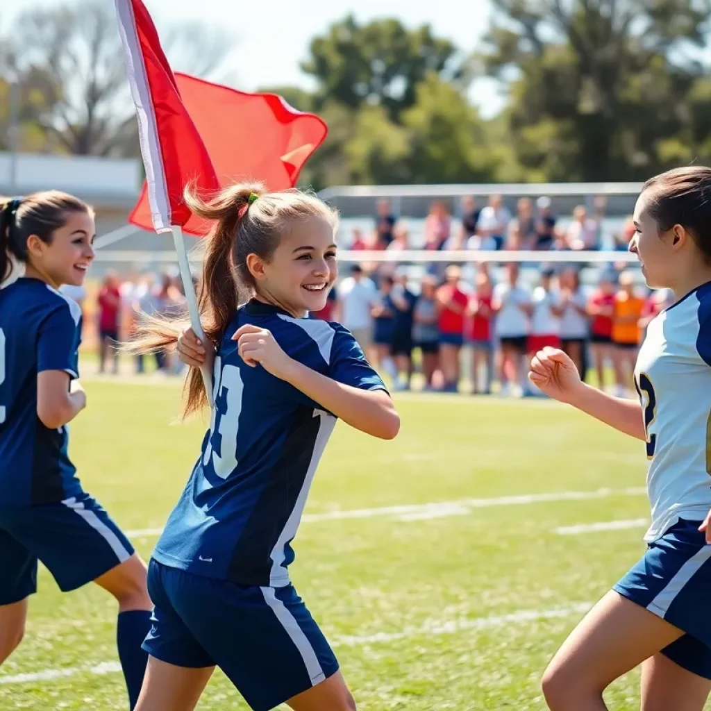 Young female athletes playing flag football during the kickoff event in Buffalo.