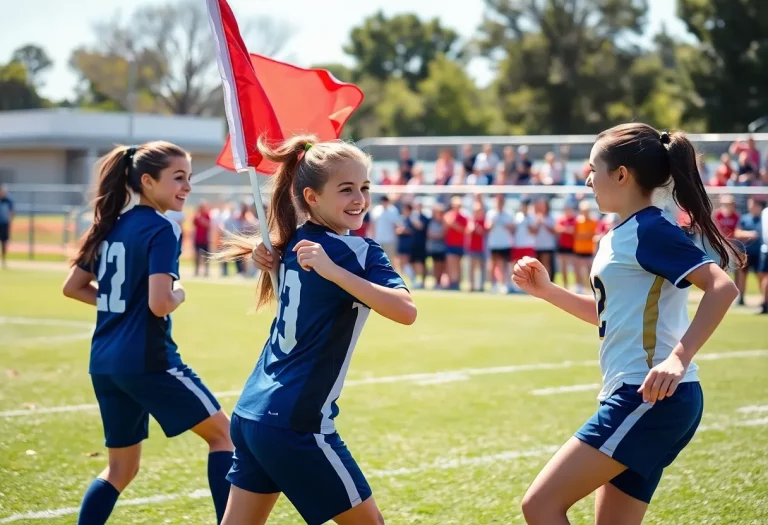 Young female athletes playing flag football during the kickoff event in Buffalo.