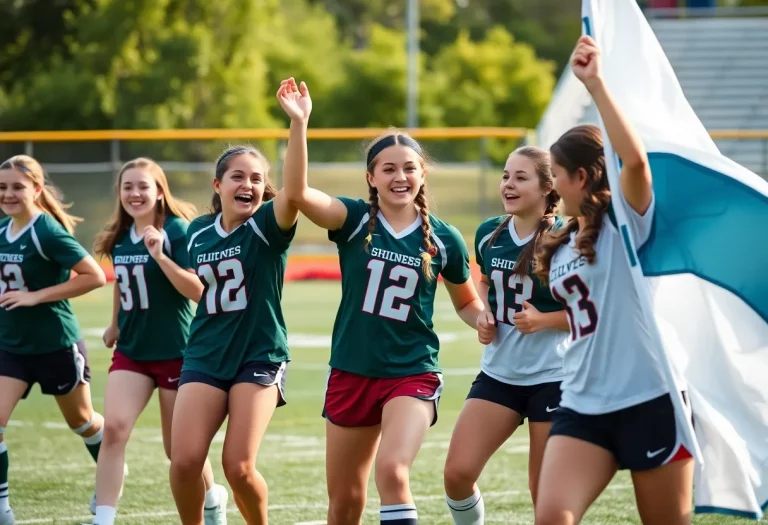 Young female athletes celebrating in a flag football game