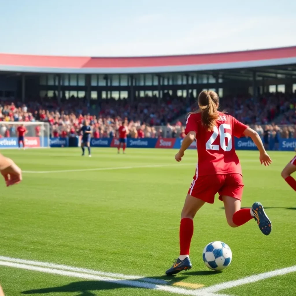 Girls soccer teams competing during a match