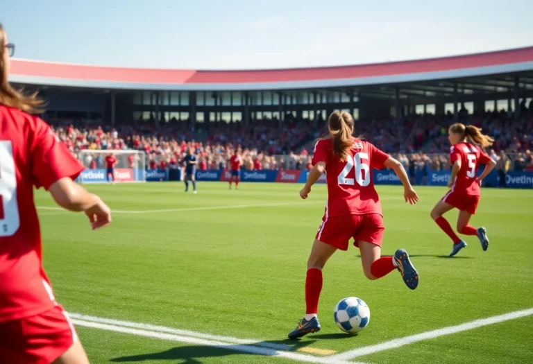 Girls soccer teams competing during a match